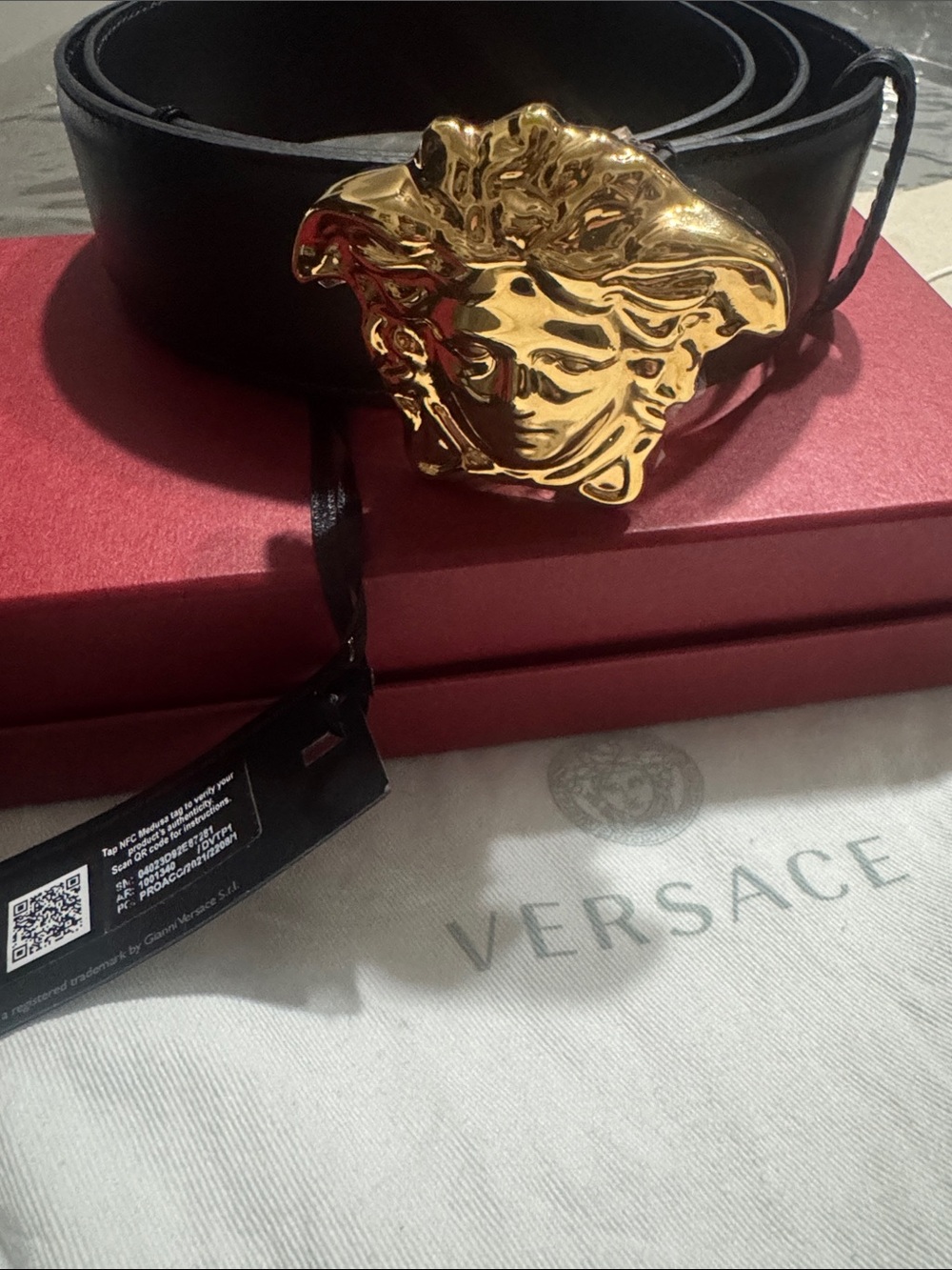 Versace Black Leather Belt with Gold Medusa Head Buckle